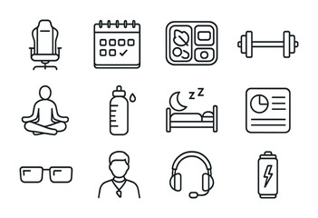 Pro Gamer Essentials. Outline icon set of pro gaming lifestyle: gaming chair, daily planner, meal prep box,