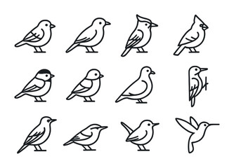 Fototapeta premium Backyard Bird Icons. Outline icon set of common backyard birds: sparrow, robin, blue jay, cardinal, finch,