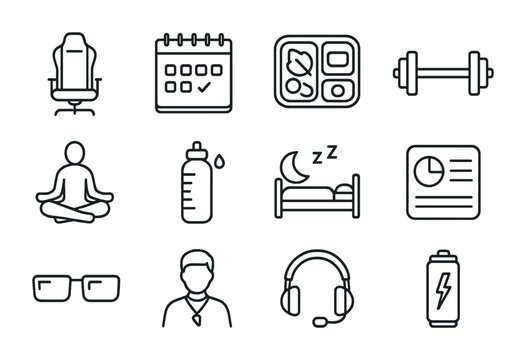 Pro Gamer Essentials. Outline icon set of pro gaming lifestyle: gaming chair, daily planner, meal prep box,