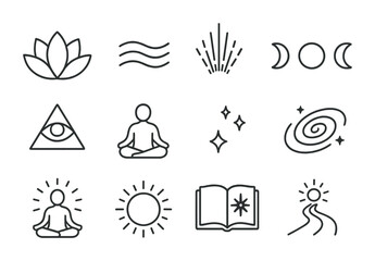 Spiritual Icon Set. Outline icon set of spiritual awakening: lotus icon, calm wave, energy lines, moon phases,