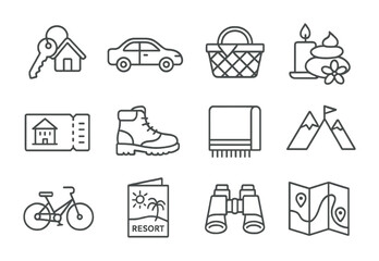 Weekend Getaway Icons. Outline icon set of weekend getaway gifts: cabin key, car rental, picnic basket, spa
