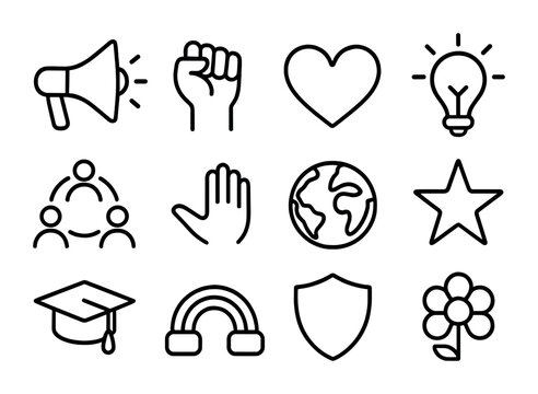 Youth Empowerment Icons. Outline icon set of youth empowerment: megaphone, fist, heart, light bulb, community