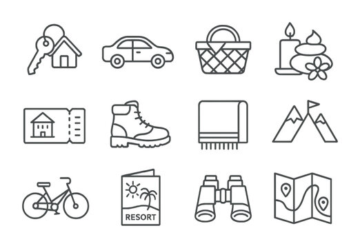 Weekend Getaway Icons. Outline icon set of weekend getaway gifts: cabin key, car rental, picnic basket, spa