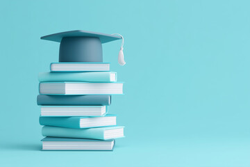 Stack of textbooks with graduation cap, back to school sale banner space, marketing-ready image