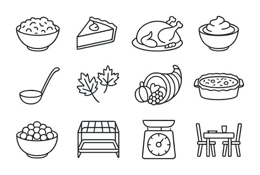 Thanksgiving Meal Icons. Outline icon set of Thanksgiving meal prep: stuffing bowl, pumpkin pie, roasted