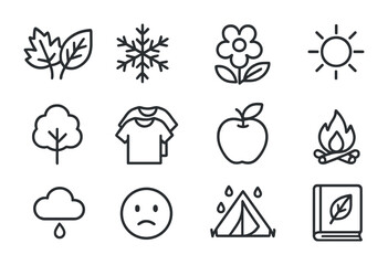 Fototapeta premium Seasonal Icon Set. Outline icon set of seasonal solitude and peace: autumn leaves, snowflake, spring bloom,