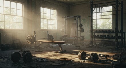 Sunlit, abandoned gymnasium interior, showcasing weightlifting equipment and decaying architecture.