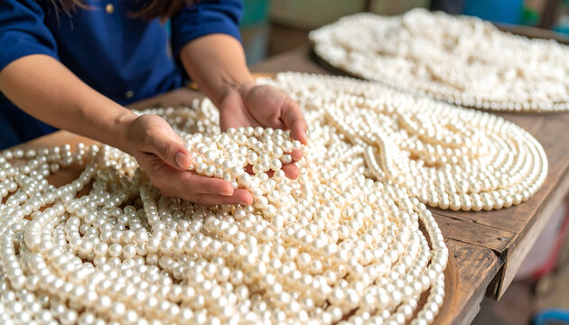 Woman inspecting white pearl necklaces - Powered by Adobe
