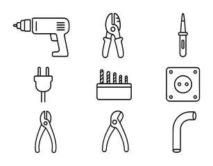 Electrical Tools Grid. Outline vector icons of electrical installation tools: electric drill, wire stripper,