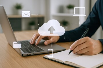 Cloud Computing: Man Using Laptop to Upload Data, Utilizing Wireless Connectivity for Secure File Storage and Access
