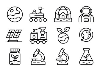 Mars Colonization Icons. Outline vector icons of Mars colonization and biology: Mars surface, rover icon,