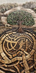 Tree with roots forming a complex pattern in a textured earth-toned environment.