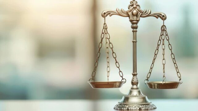 The scales justice, rendered in metallic tones, stand against soft, blurred backdrop, symbolizing balance, equity. The evokes themes law, justice,, impartial decision-making