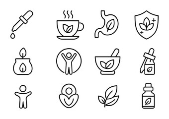 Herbal Remedy Icons. Outline icon set of herbal remedies and benefits: essential oil dropper, calming tea,
