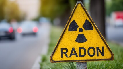Radon Warning Sign: Triangular Yellow Sign with Cars in the Background, Indicating Potential Health Hazard