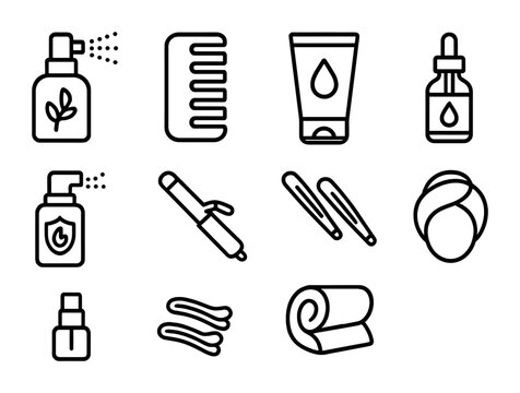 Hair Care Icons. Outline icon set of hair care routine: detangling spray, wide-tooth comb, styling gel, hair