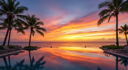 A serene infinity pool reflects a vibrant sunset sky with palm trees silhouetted against the horizon over the ocean.