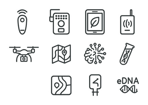 Conservation Tech Icons. Outline icon set of conservation technologies: GPS tracker, camera trap, field tablet