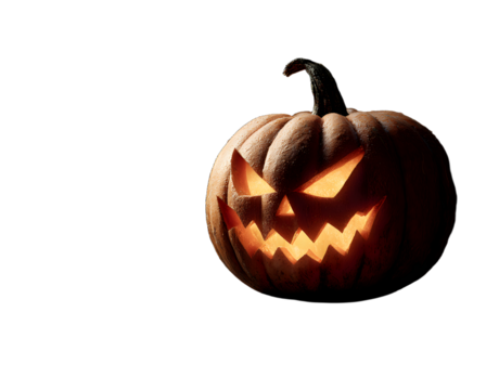 A single lit spooky halloween carved pumpkin, Jack O Lantern with evil face and eyes isolated against a transparent background looking to the left.