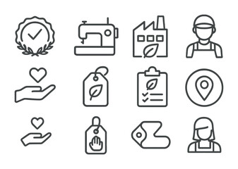 Ethical Clothing Icons. Outline icon set of ethical clothing production: fair trade badge, sewing machine,