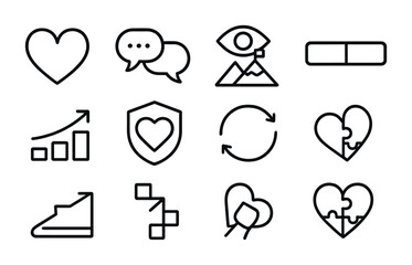 Relationship Rebuilding Icons. Outline icon set of relationship rebuilding steps: open heart, dialogue arrow,