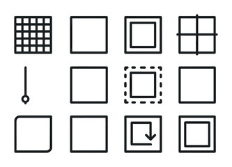 Design Frame Icons. Outline icon set of icon design frames: pixel grid, square boundary, padding box, center