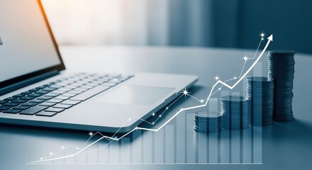 Financial Growth Visualization with Stacked Coins, Upward Arrow, and Laptop Computer on Desk