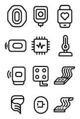 Fototapeta premium Wearable Health Sensor Icons. Outline icon set of wearable health sensors: smart patch, glucose monitor, heart