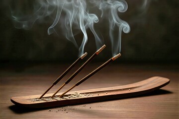 Aromatic incense sticks smolder in a wooden burner, releasing graceful plumes of smoke. A serene concept for meditation, yoga, relaxation, spa, wellness, and spiritual rituals.