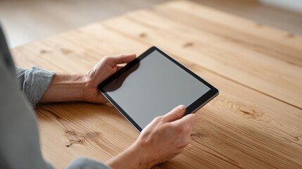 Hands holding a modern digital tablet over a light wooden surface, technology and communication focus