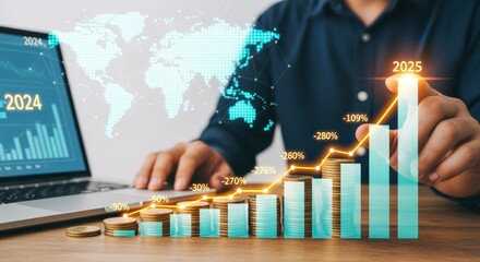 Financial Growth Projection with Technology: Laptop Displaying Data and Bar Graph Showing Positive Trend