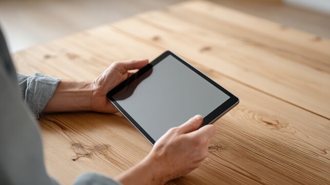 Hands holding a modern digital tablet over a light wooden surface, technology and communication focus