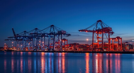 Fototapeta premium Port cranes at dusk, reflecting in the water, with cargo containers.