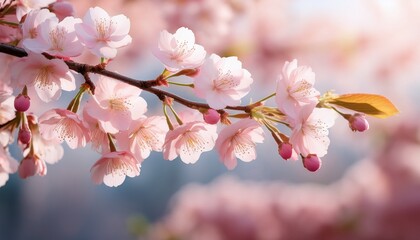 Obraz premium delicate cherry blossom branch with light aqua backdrop and scattered petals for serene spring art