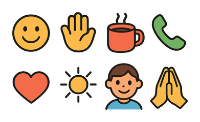 Fototapeta premium Friendly Icon Grid. Flat vector mini-illustrations Friendly small talk in colors children's illustrations: