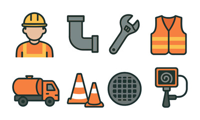 Sewer System Illustration. Flat vector mini-illustrations Sewer line workers maintaining underground systems