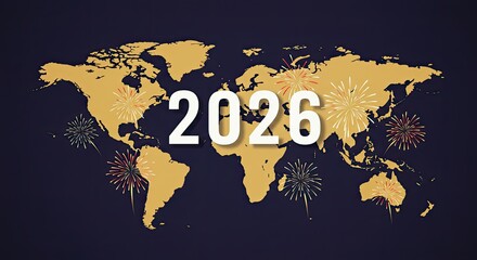 Festive 2026 World Map with Fireworks, New Year Celebration Concept.