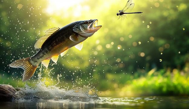 largemouth bass fish leaping out of the water towards a dragonfly mid-air, water droplets flying, splash effect