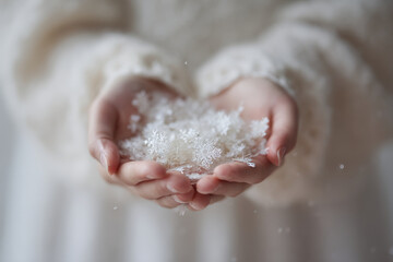 pair of hands gently holding delicate snowflakes on pristine background evoking joyful spirit of new year