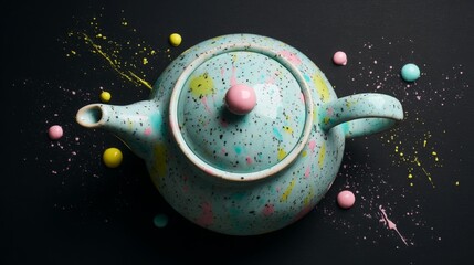 Colorful speckled teapot on dark background with artistic splashes and dots