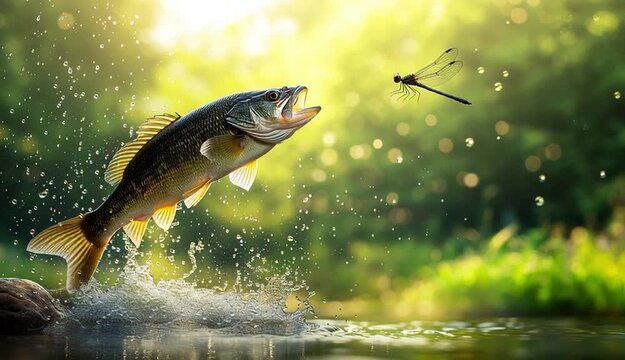 largemouth bass fish leaping out of the water towards a dragonfly mid-air, water droplets flying, splash effect
