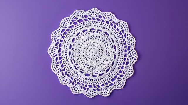 Crocheted and embroidered floral pattern on a purple fabric background. Handmade artisanal textile craft.