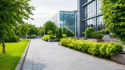 Modern Office Building Exterior with Green Landscaping and Stone Path Leading to Entrance