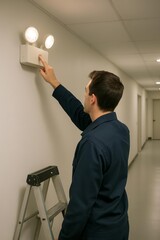 Technician in uniform tests a wall-mounted emergency light. Professional maintenance and safety inspection for building fire code and compliance in a corridor.