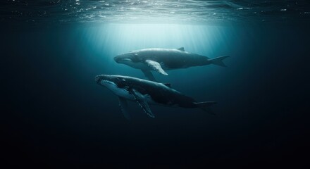Obraz premium Two humpback whales gracefully swim in deep ocean waters, illuminated by a shaft of sunlight.