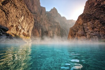 Serene mountain lake with misty water and rocky cliffs at sunrise  