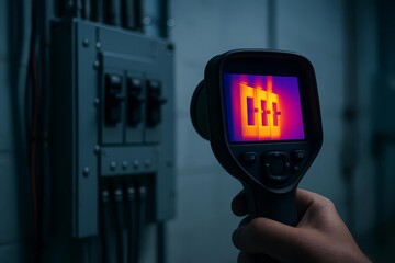Technician using a thermal imaging camera to detect heat on an electrical panel. Concept for diagnostics, preventive maintenance, safety inspection, and energy audit.