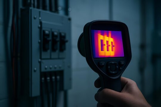Technician using a thermal imaging camera to detect heat on an electrical panel. Concept for diagnostics, preventive maintenance, safety inspection, and energy audit.