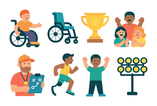Inclusive Sports Icons. Flat vector mini-illustrations sports inclusion campaigns in colors children's