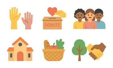 Community Support Icons. Flat vector mini-illustrations community support programs in colors children's